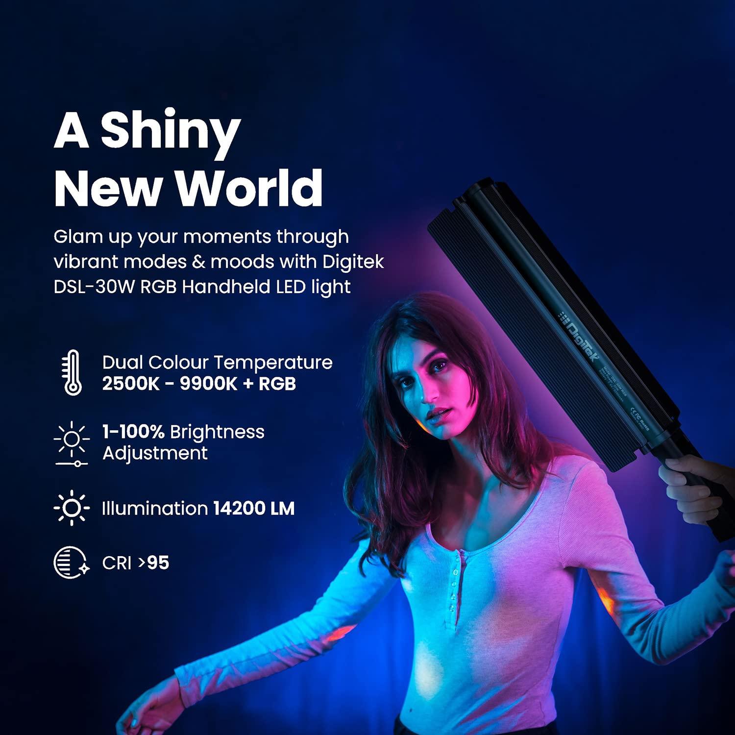 Digitek (DSL-30W RGB) Portable Handheld RGB LED Light Wand with Grid, Diffuser & Barn Door Comes with a 5200mAh Built in Battery Pack. - Digitek