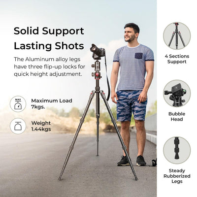 Digitek (DTR 520 BH) (60 Inch) (152cm) Professional Aluminum Tripod Cum Monopod with Swivel Pan Head, for DSLR Camera | Maximum Operating Height: 4.95 Feet | Maximum Load Upto: 7kgs (Black) - Digitek