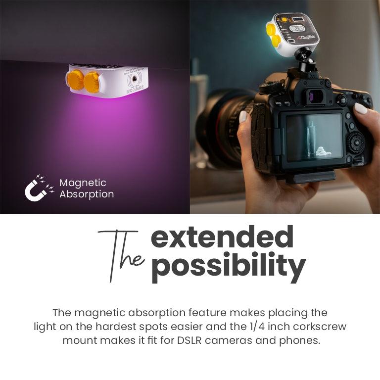 Digitek (LED-D10W) RGB Video, LED Camera Light 360Â° Full Color Portable Photography Lighting with 3 Cold Shoe, 2000mAh Rechargeable CRI 95+ 2500-9000K Dimmable Panel Lamp Support Magnetic Attraction. - Digitek