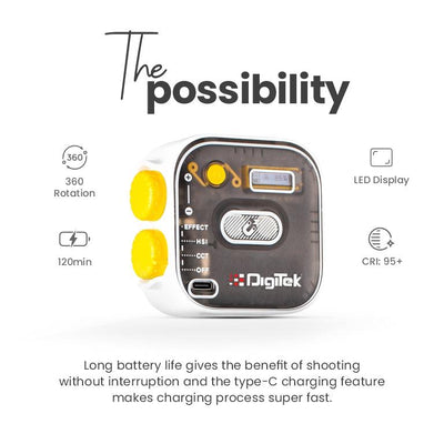 Digitek (LED-D10W) RGB Video, LED Camera Light 360Â° Full Color Portable Photography Lighting with 3 Cold Shoe, 2000mAh Rechargeable CRI 95+ 2500-9000K Dimmable Panel Lamp Support Magnetic Attraction. - Digitek